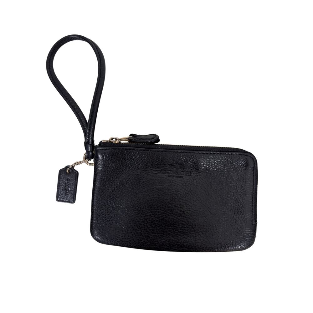 Coach Wristlet Black Womens Corner Zip Pebbled Leather Double Sided F66505